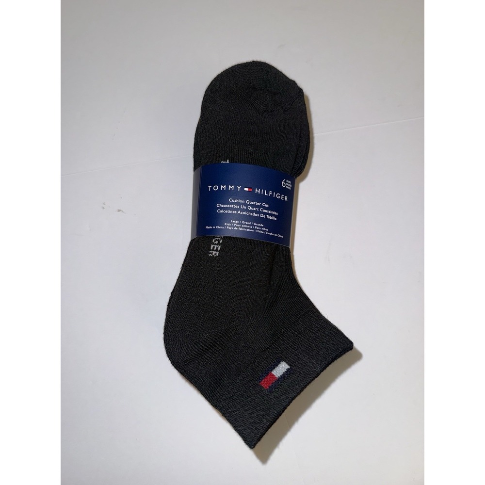 Tommy Hilfiger Boys 6 Pack Quarter Socks Black Large Cushioned Logo Kids NWT